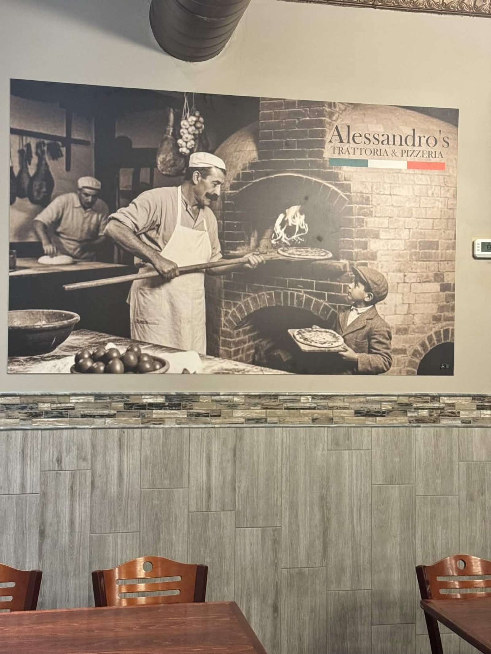 Alessandro's Trattoria sepia mural of traditional Italian pizzeria